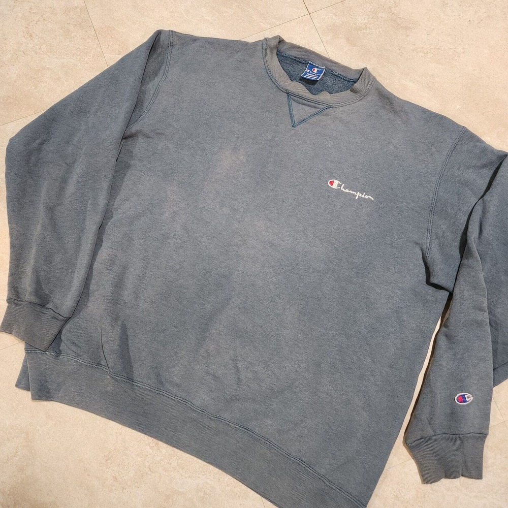 VTG 90s Champion Mens 3XL XXXL Sun Faded Crewneck Sweatshirt USA Made Teal Blank